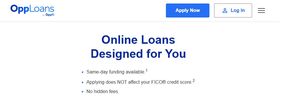 Screenshot of OppLoans website homepage