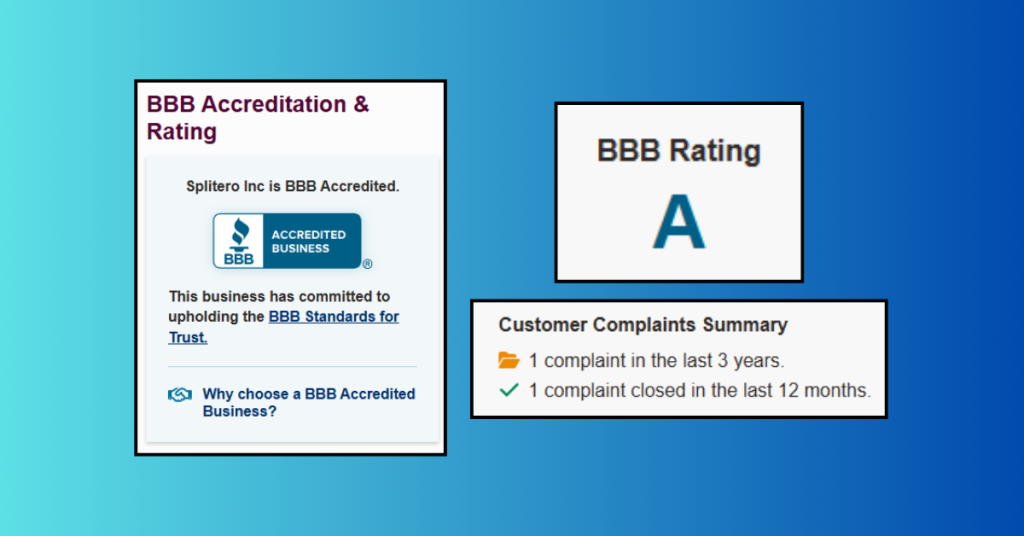 Screenshots of Splitero on Better Business Bureau (BBB) website)