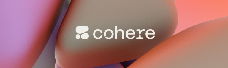 Cohere AI logo in white text with abstract gradient shapes in pink, orange, and beige as the background.