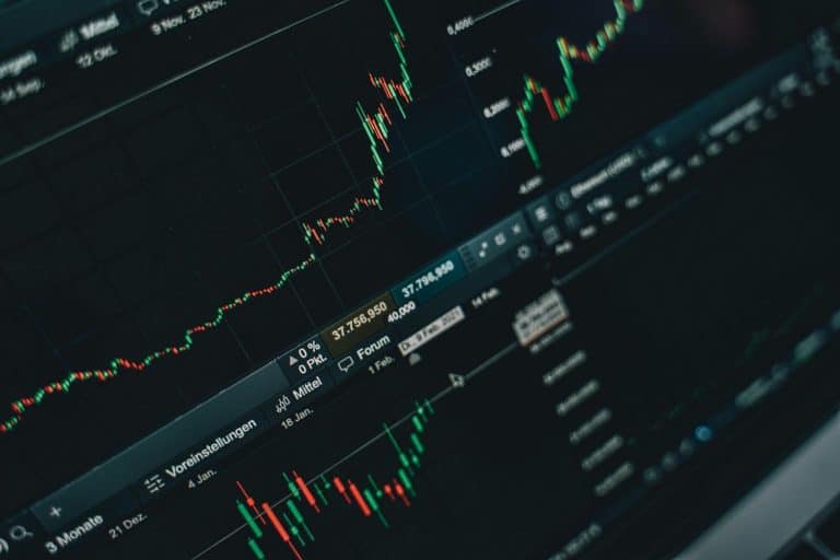 Stock market candlestick chart showing price trends, trading volume, and market corrections on financial dashboard