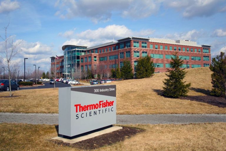 Thermo Fisher Scientific headquarters building at 300 Industry Drive with company sign in front and clear blue sky in the background.