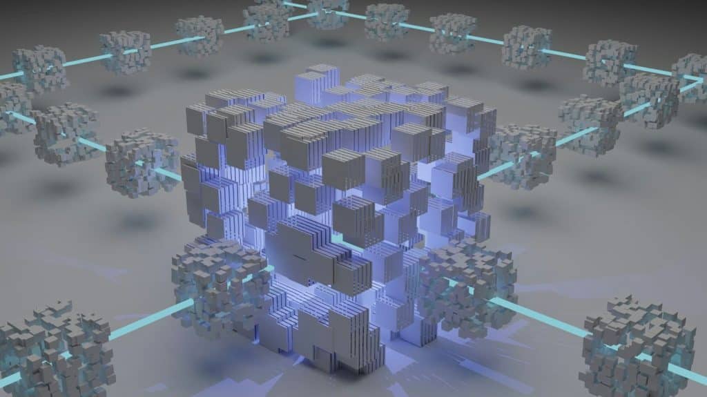 3D digital illustration of blockchains made of interconnected data cubes glowing with blue light.