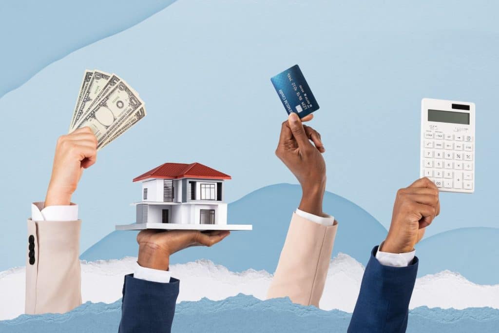 A digital collage of a house, credit card, and calculator representing the components of a secured loan.