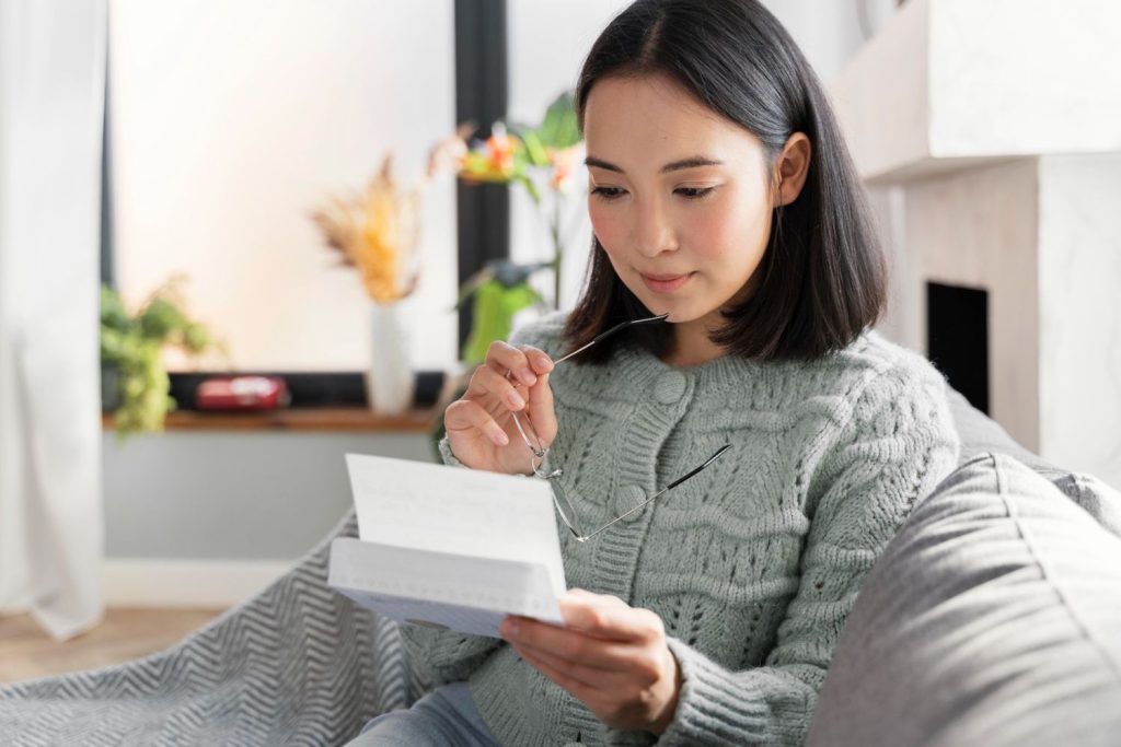 A focused woman reviews a loan document to identify an origination fee while holding her glasses.
