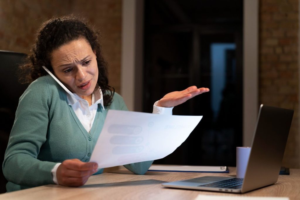 Woman talking to a loan company over phone while checking her document.