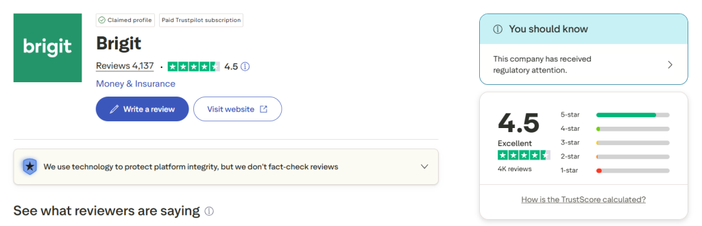 Brigit Trustpilot profile