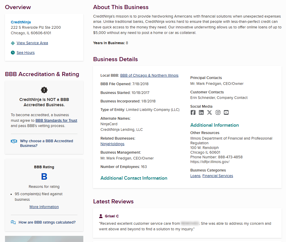 Screenshot of CreditNinja's BBB profile