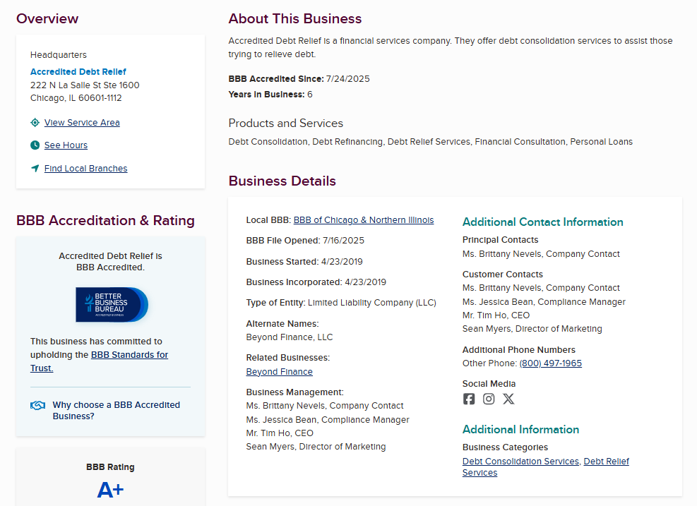 Accredited Debt Relief BBB profile
