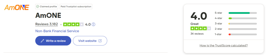 AmONE Trustpilot profile