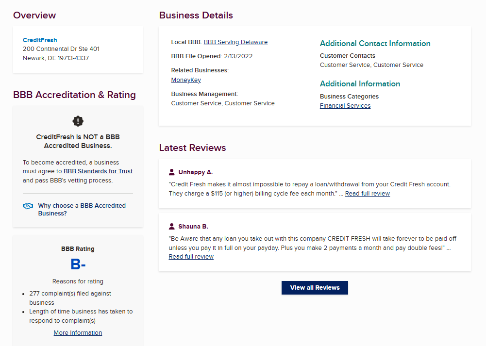 CreditFresh BBB profile