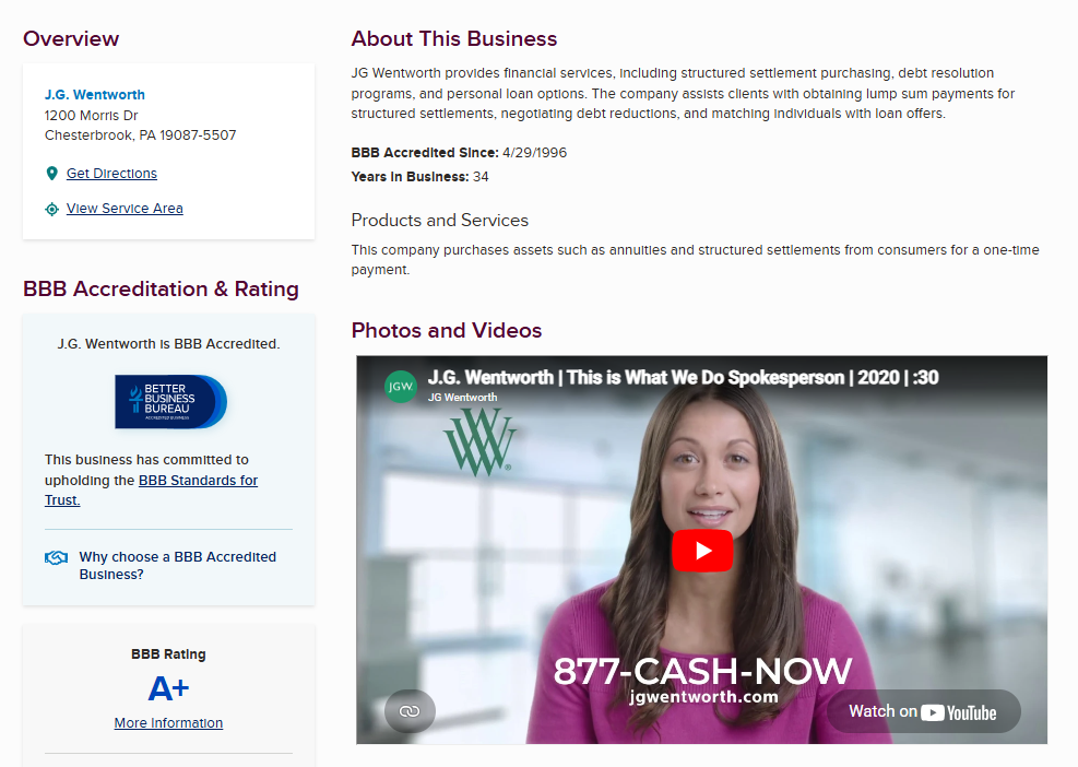 JG Wentworth BBB profile