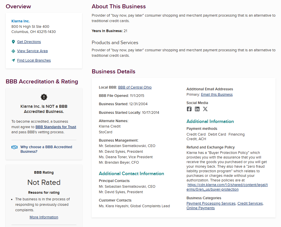 Klarna BBB profile