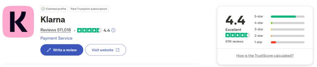Klarna Trustpilot profile