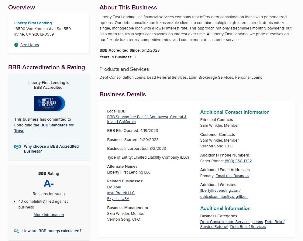 Liberty First Lending BBB profile
