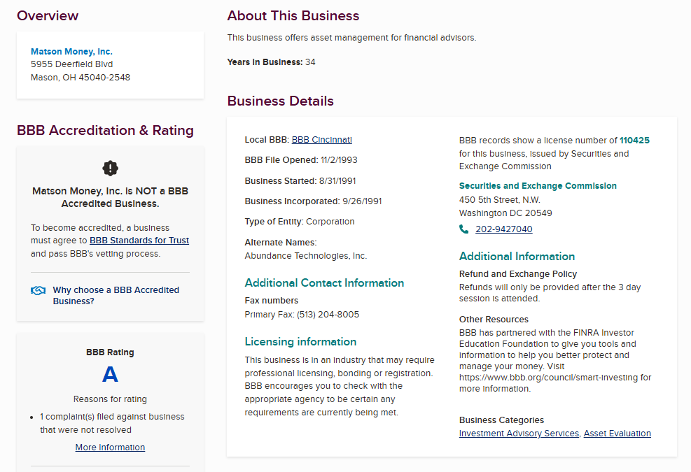 Matson Money BBB profile