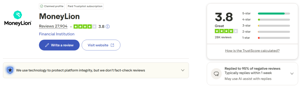MoneyLion Trustpilot profile