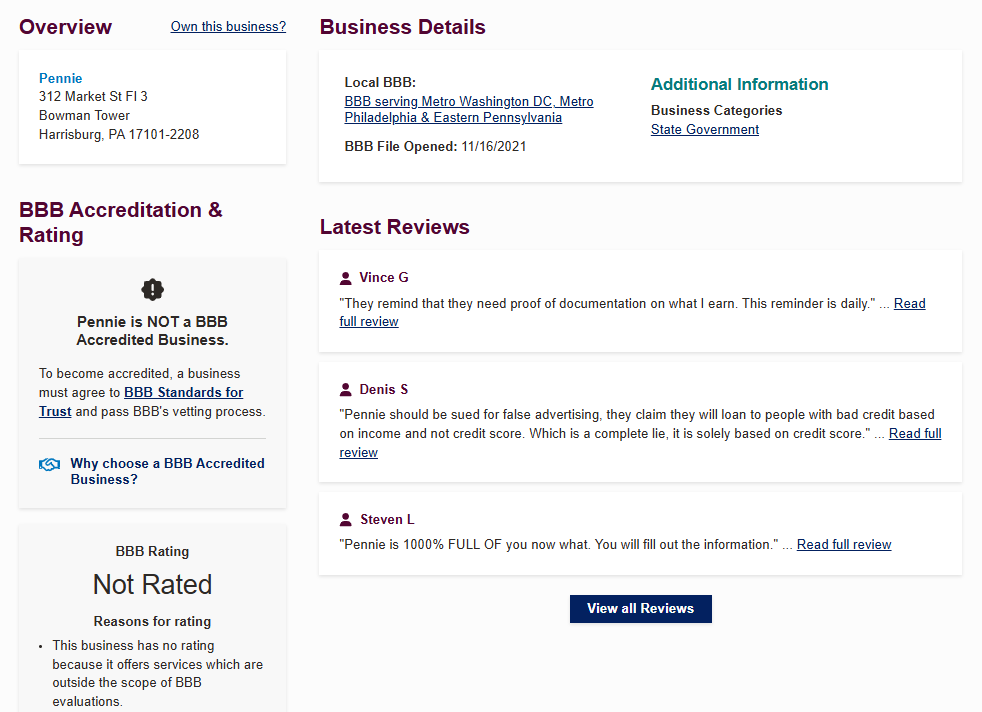 Pennie Loans BBB profile