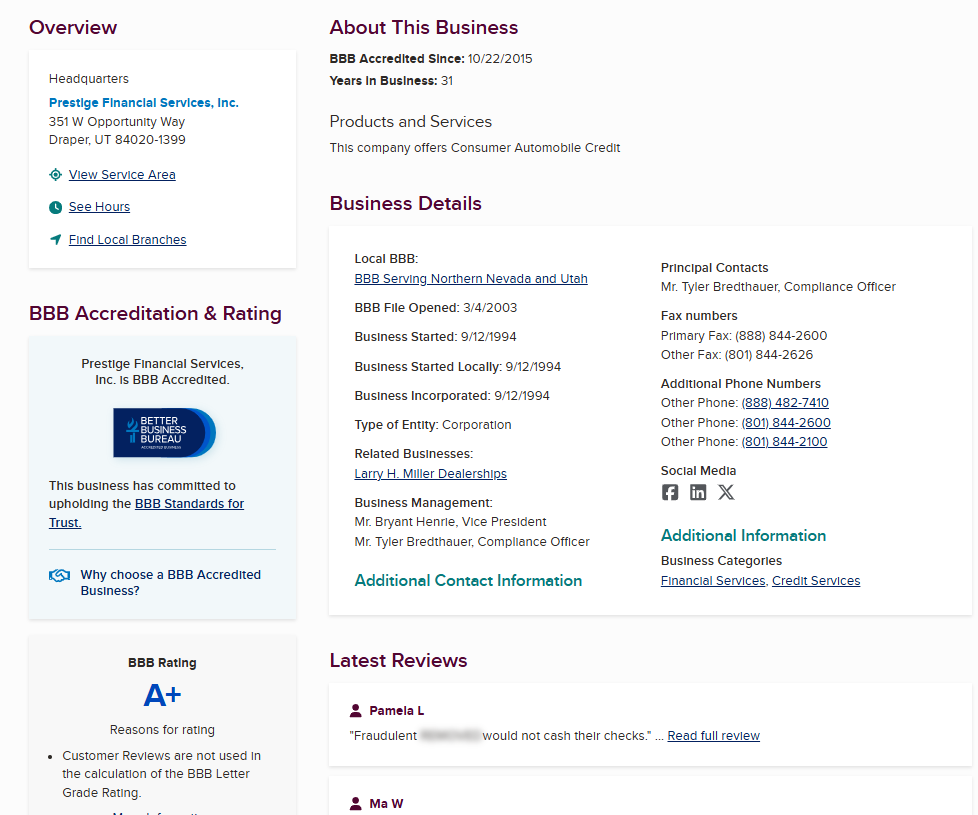 Prestige Financial BBB profile