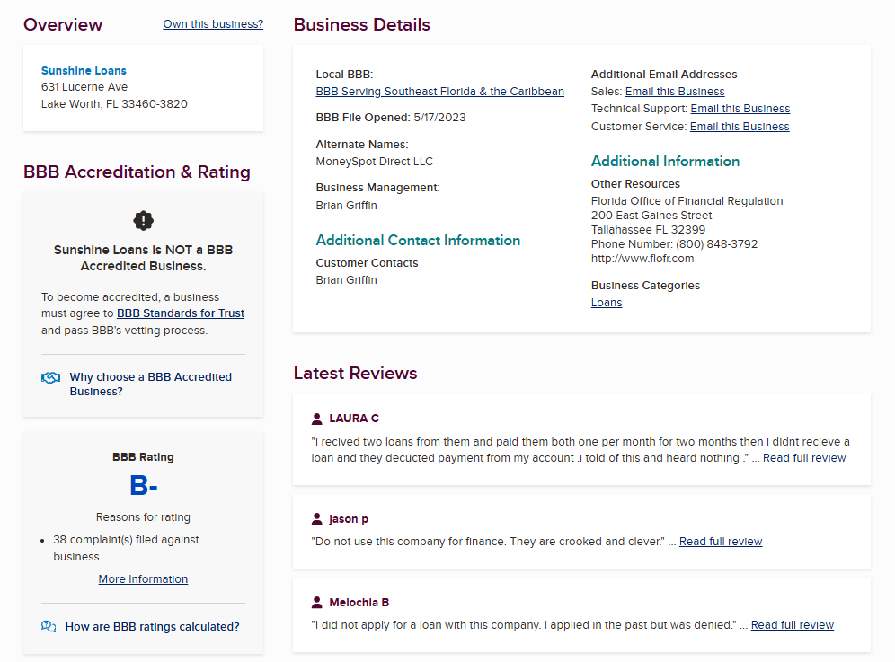 Sunshine Loans BBB profile