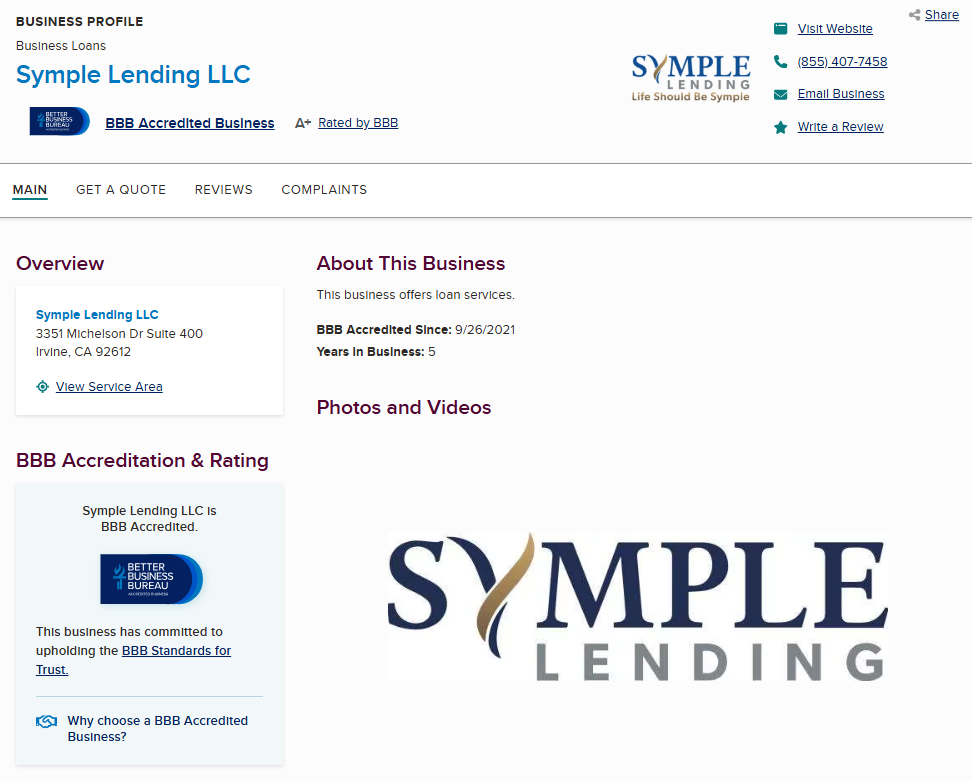 Symple Lending BBB profile