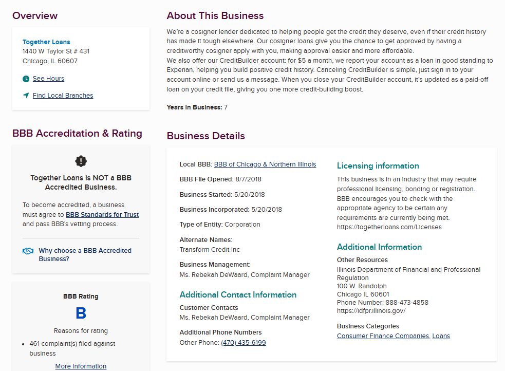 Transform Credit BBB profile