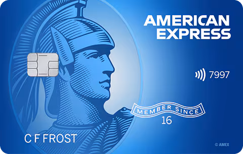 Blue gradient credit card featuring the American Express centurion design, chip on the left, and contactless payment symbol on the right.