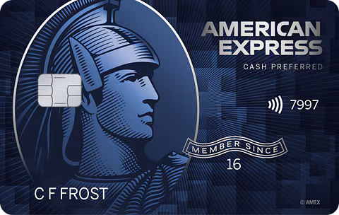Dark blue credit card with the American Express centurion illustration, chip on the left, and “Cash Preferred” branding on the right.