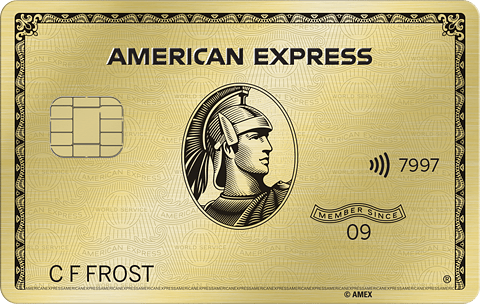 American Express Gold Card in polished gold featuring the iconic centurion warrior emblem in the center. Contactless symbol and "Member Since 09" visible. Cardholder name: C F Frost.