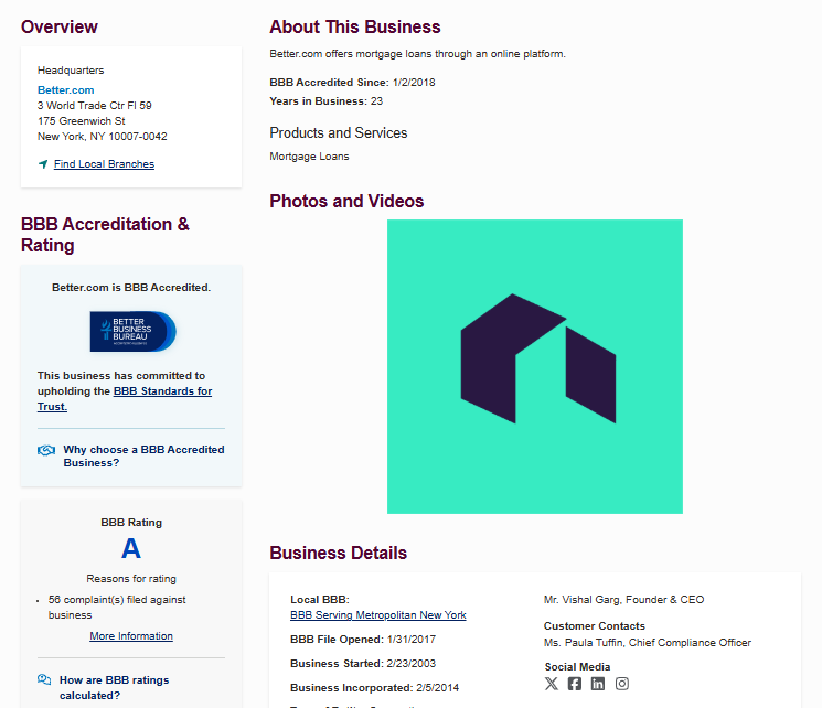 Better Mortgage BBB profile