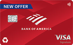Bank of America Customized Cash Rewards Visa Signature credit card in red with a "New Offer" badge in the upper left corner. Chip and contactless payment symbol visible.