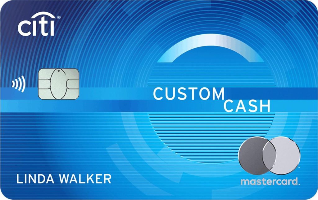 Citi Custom Cash Mastercard credit card in blue with a radial swirl pattern. "Custom Cash" text across the center. Chip and contactless payment symbol visible. Cardholder name: Linda Walker. Mastercard logo in lower right.