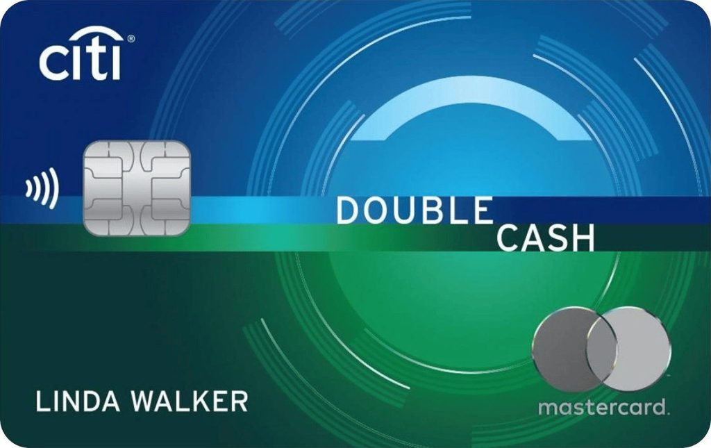 Citi Double Cash Mastercard credit card with a blue-to-green gradient design and circular swirl pattern. "Double Cash" text across the center. Cardholder name: Linda Walker. Chip and contactless payment symbol visible.