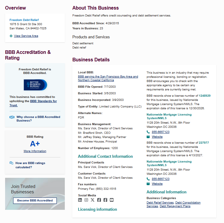 Freedom Debt Relief BBB profile