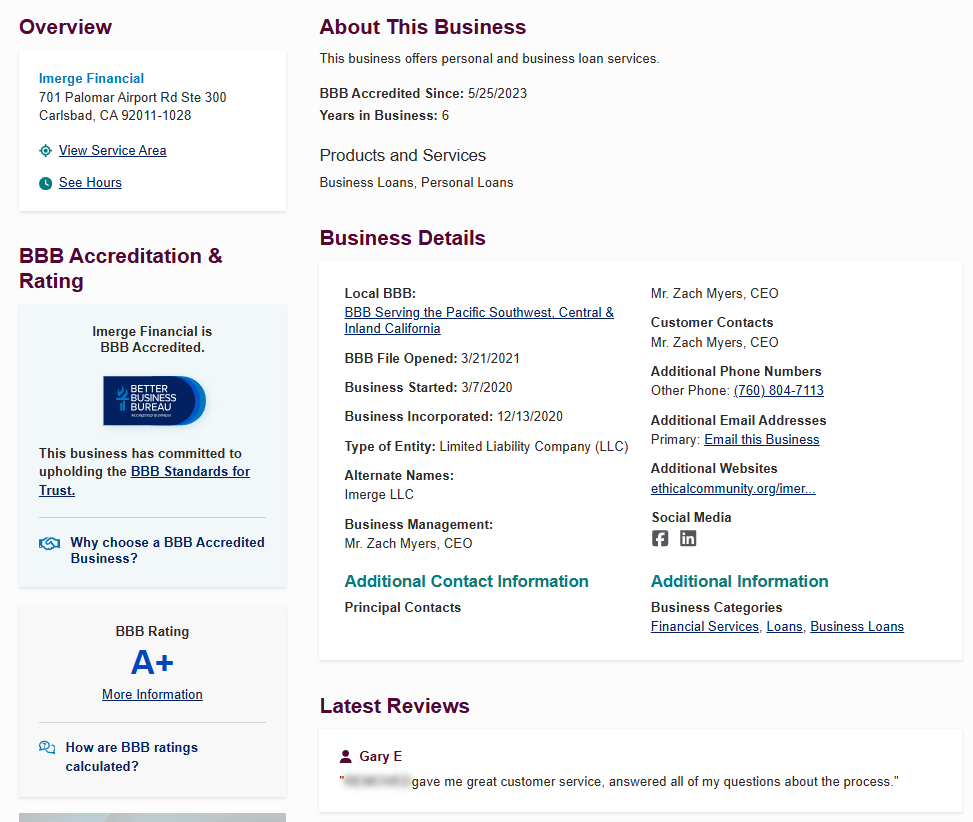 iMerge Financial BBB profile