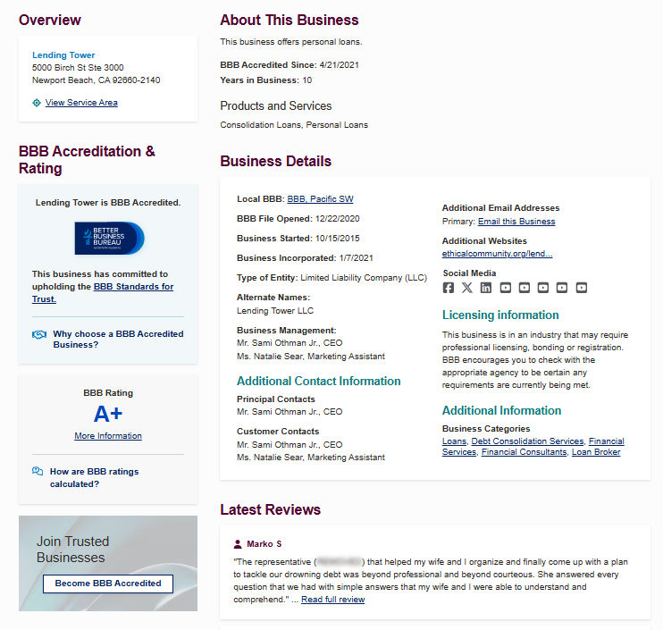 Lending Tower BBB profile
