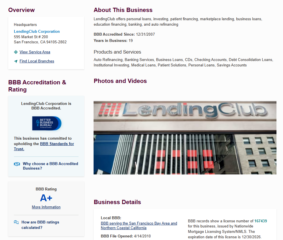 LendingClub BBB profile