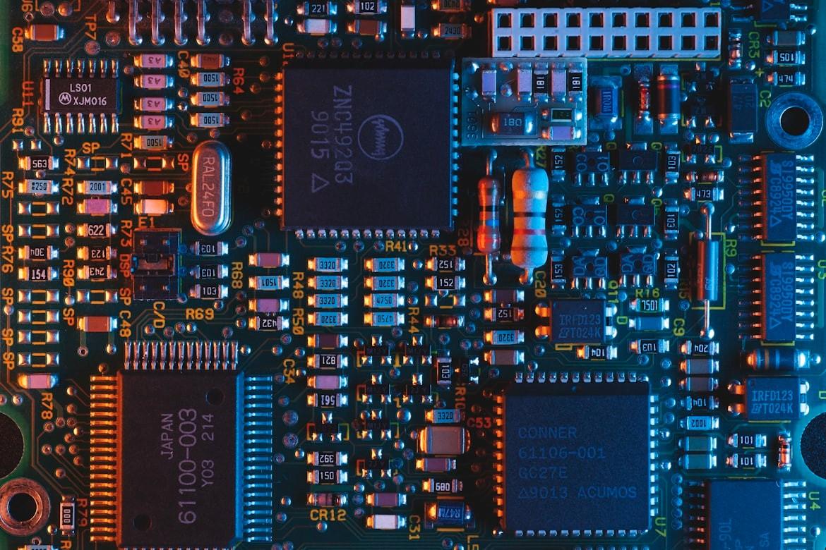 Close-up of a semiconductor circuit board representing Micron Technology's memory and chip manufacturing.
