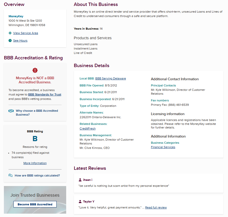MoneyKey BBB profile with a B rating