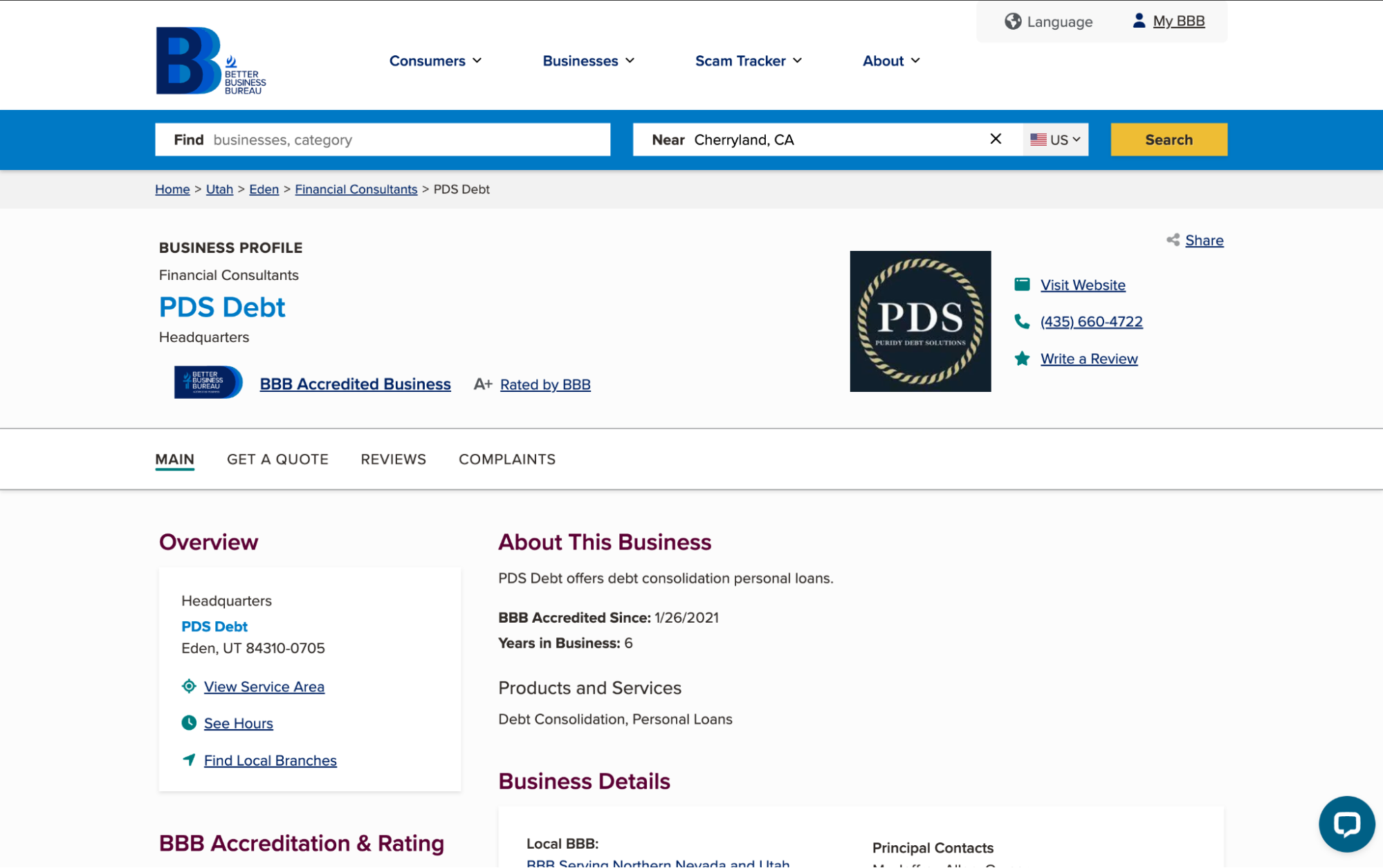 PDS Debt BBB profile with A+ rating and Eden, Utah address