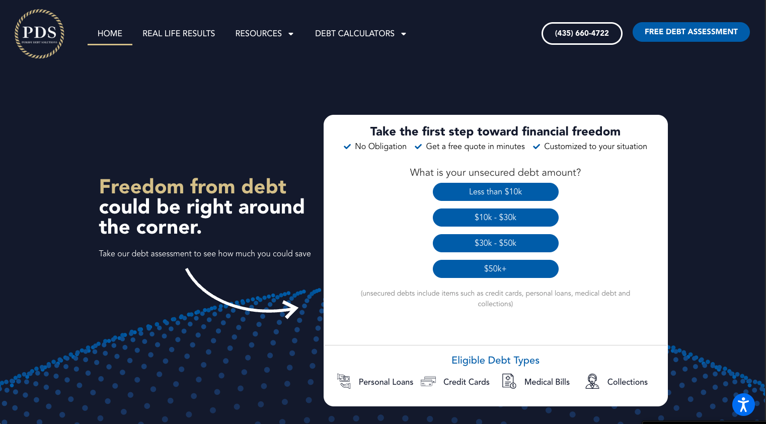 PDS Debt homepage showing free debt assessment tool with unsecured debt amount options