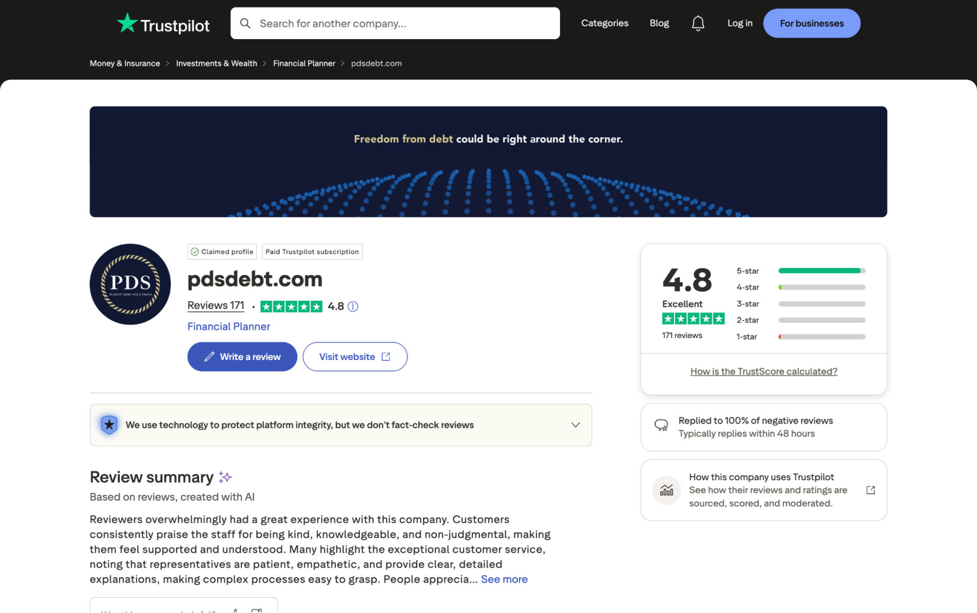 PDS Debt Trustpilot page showing 4.8 rating from 171 reviews
