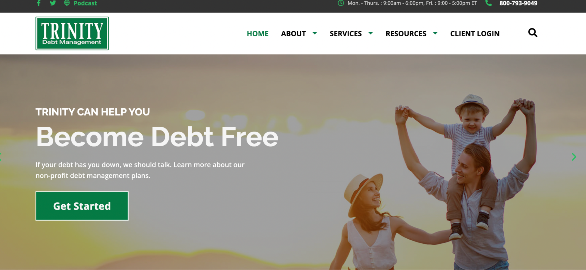 Trinity Debt Management homepage hero with Become Debt Free banner