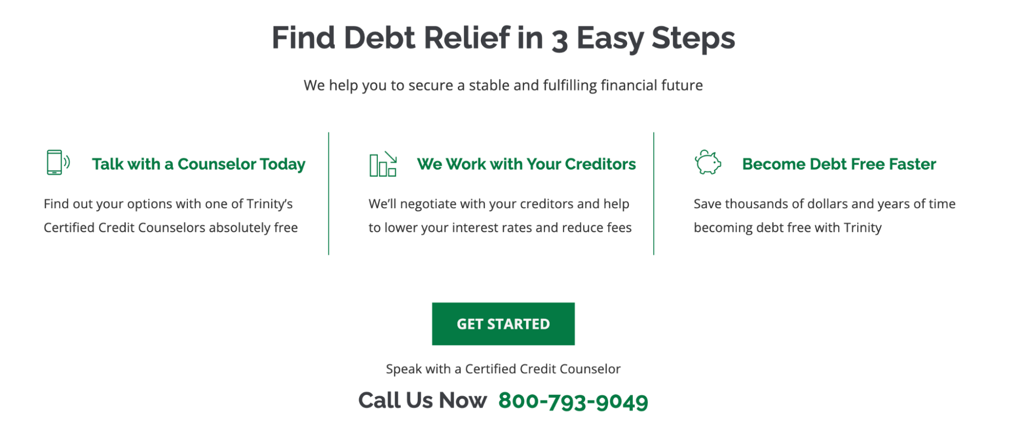 Trinity Debt Management three-step debt relief process graphic