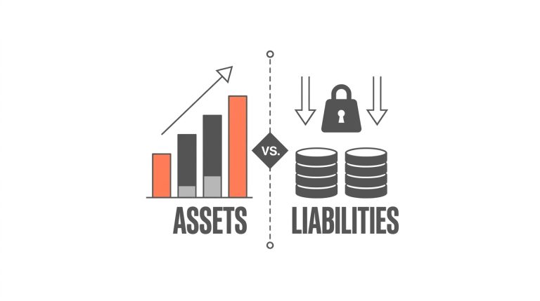 Infographic comparing growing assets vs. liabilities with charts, debt icons, and financial symbols.